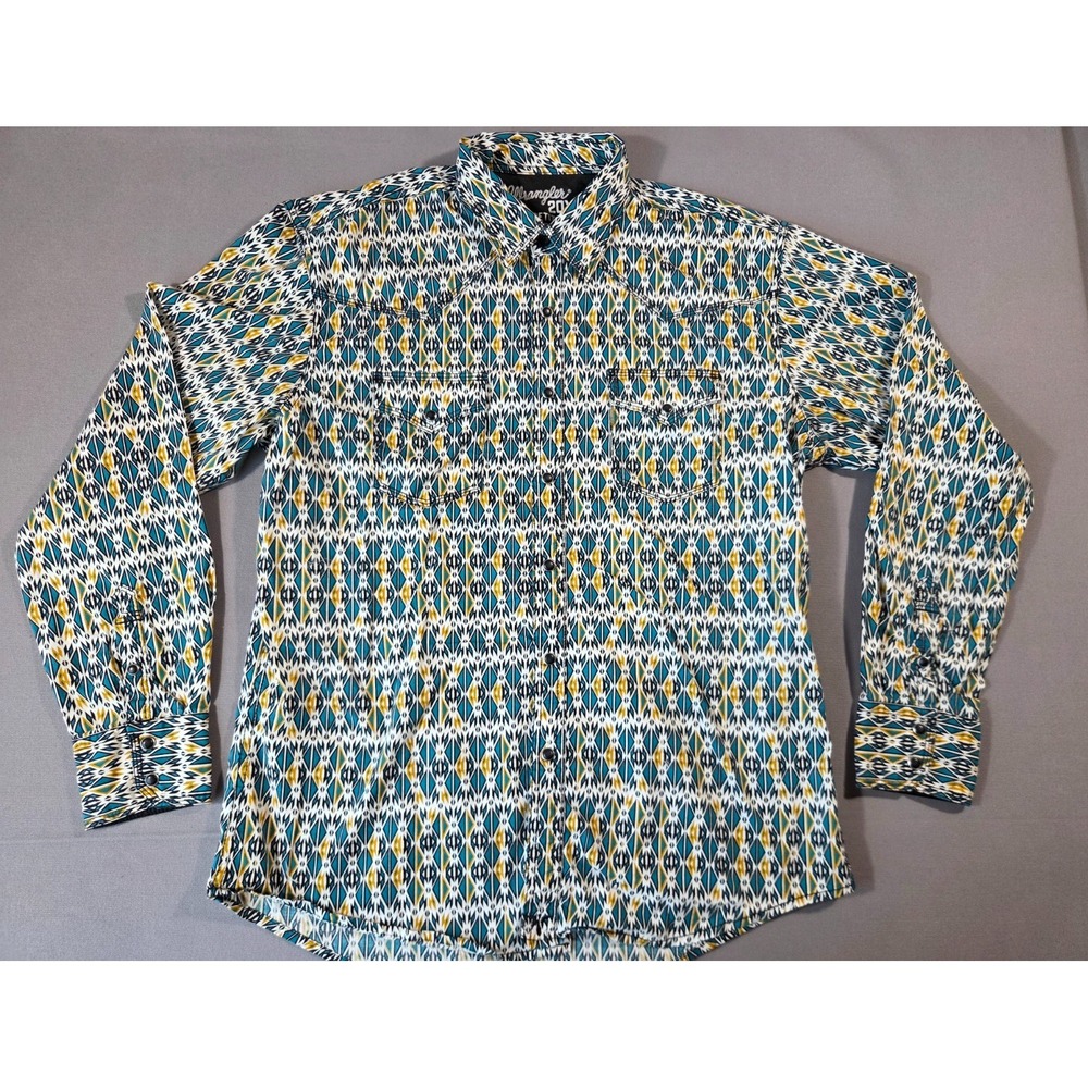 Wrangler 20X Shirt Mens Large Turquoise Pearl Snap Navajo Aztec Checotah Western